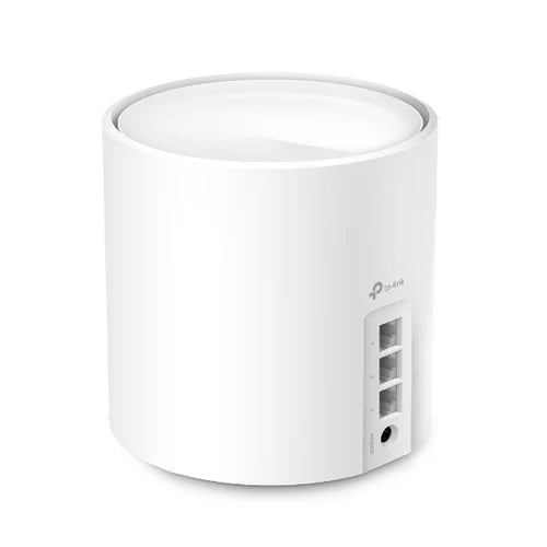 Vista trasera del nodo TP-Link Deco con 3 puertos Gigabit Ethernet y puerto de alimentación.