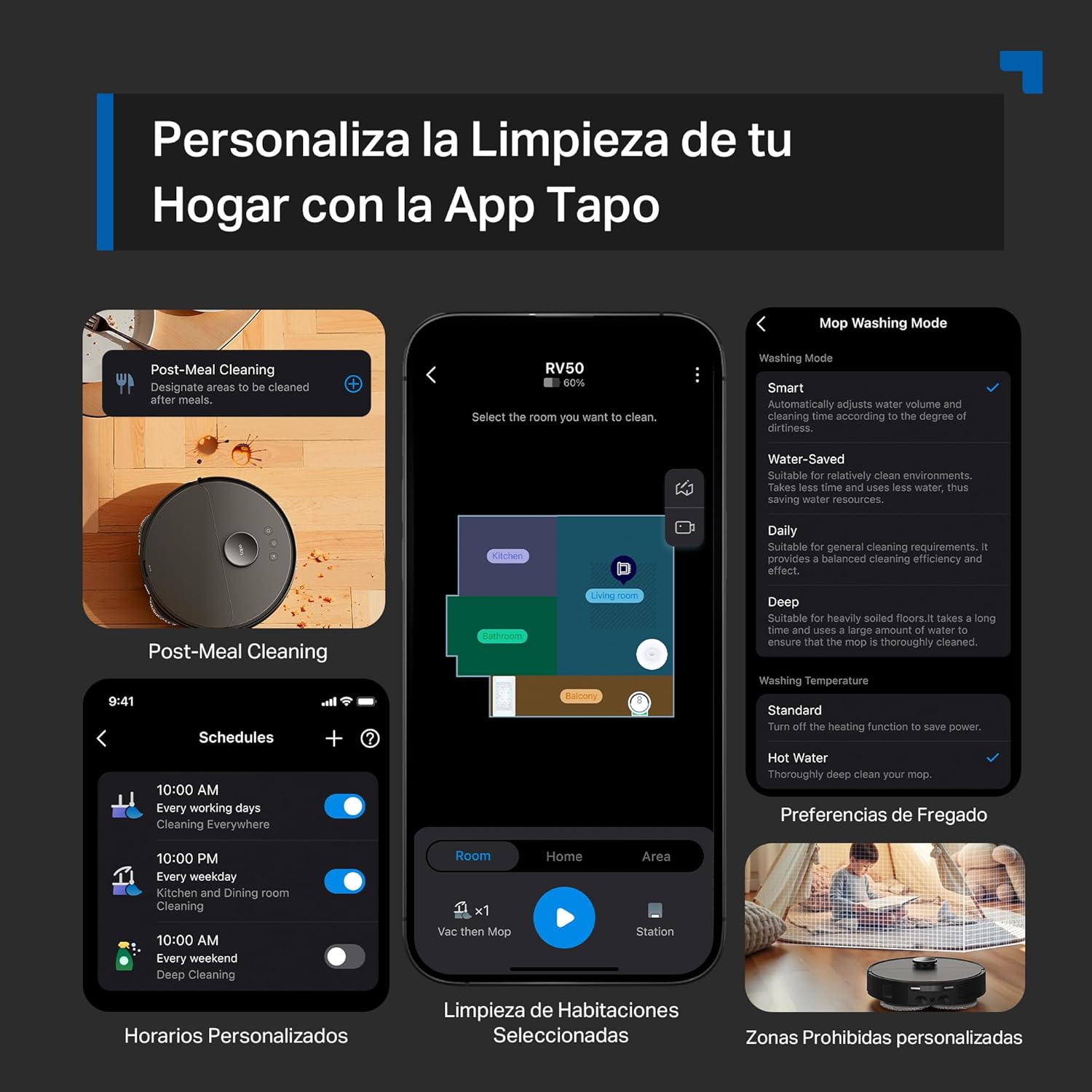 Interfaz de la aplicación Tapo para personalizar la limpieza del hogar con el Tapo RV50 Pro Omni.