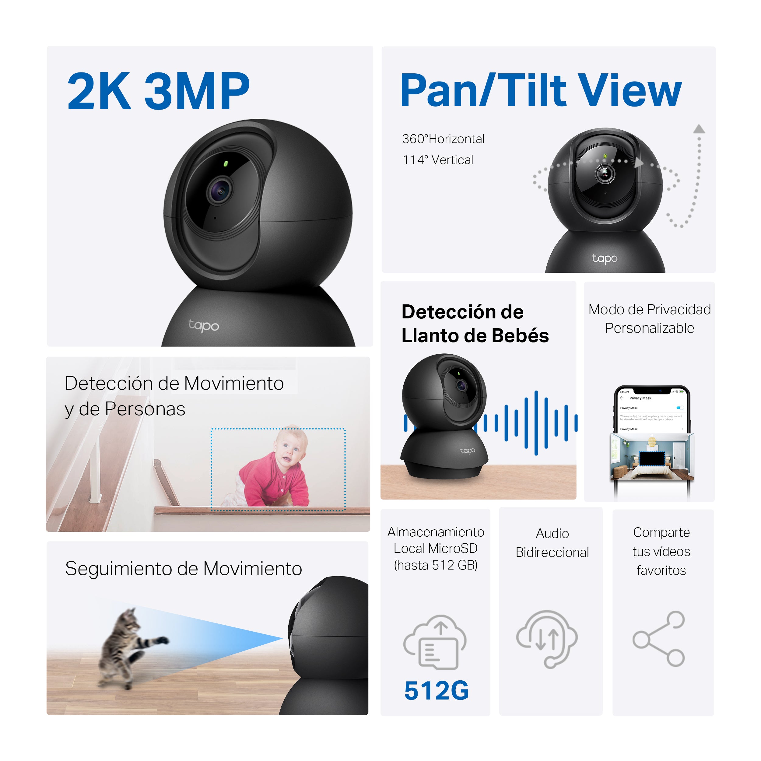TAPO C211 - Cámara de Vigilancia Wi-Fi Inteligente, Rotación 360º, 2K 3MP, Detección IA, Visión Nocturna, Modo Privacidad, Color Negro