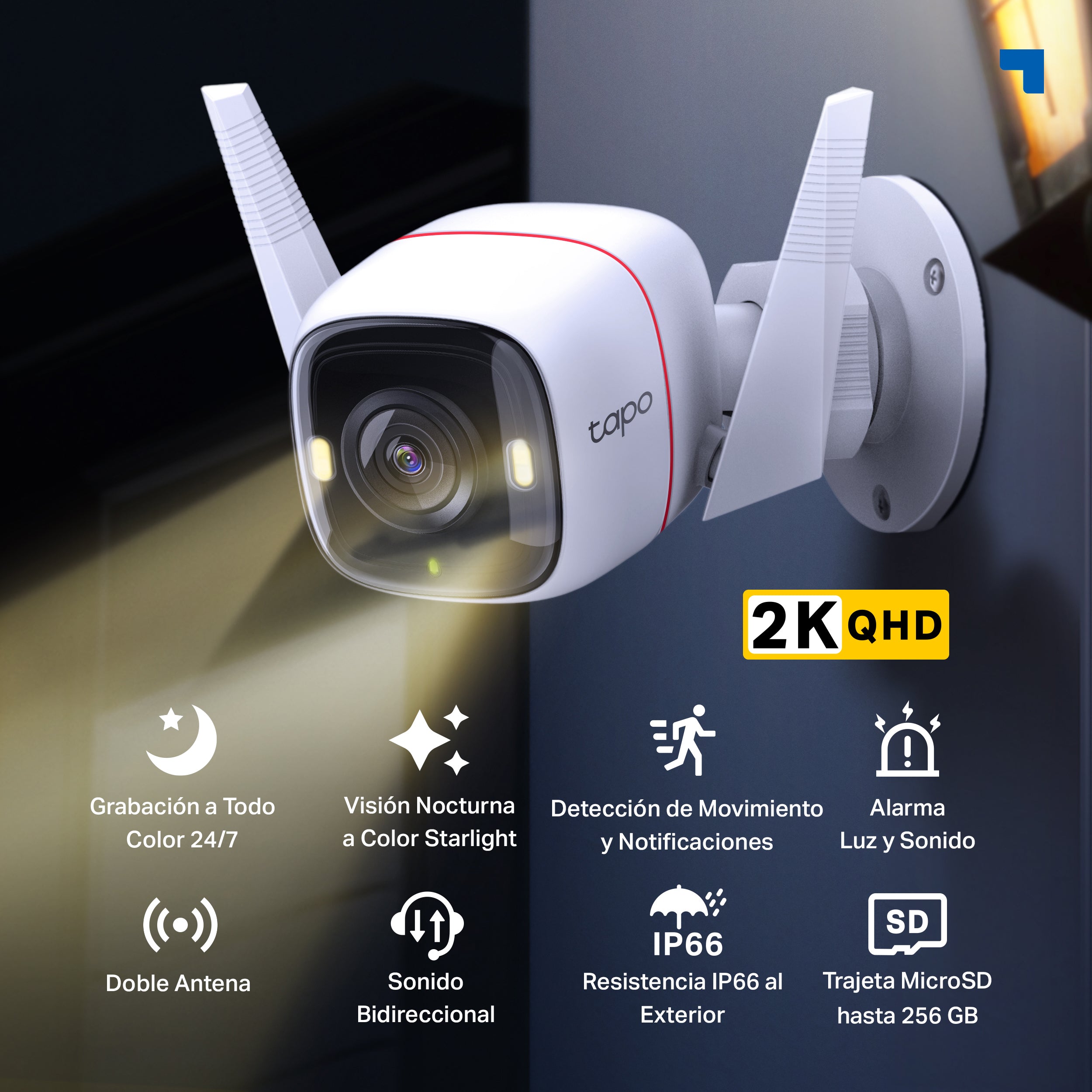 Tapo C320WS - Cámara de Vigilancia Wi-Fi para Exterior, 2K QHD, Visión Nocturna a Color, Detección IA
