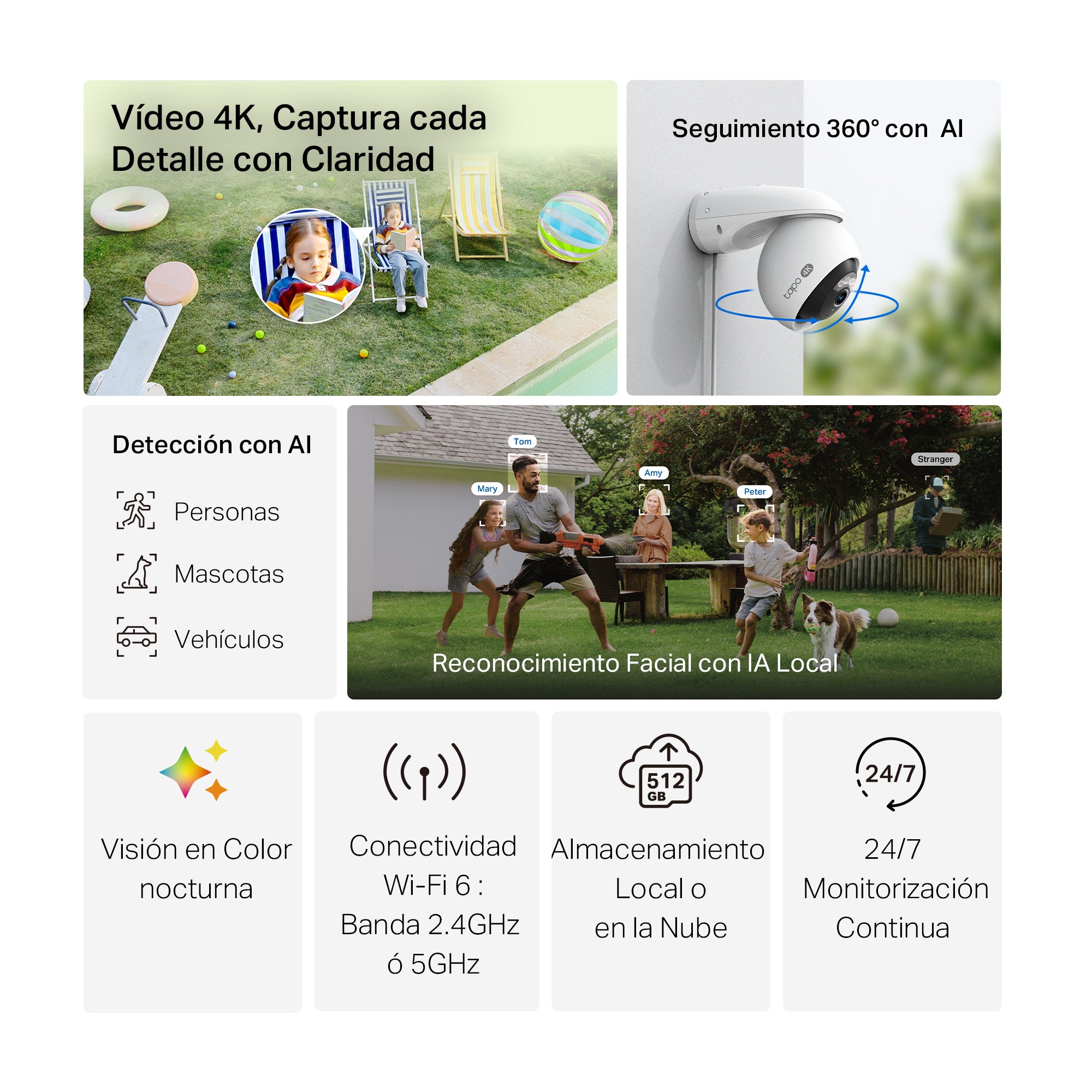 Tapo C560WS - Cámara inteligente Wi-Fi de Vigilancia para Exterior 360º, 4K 8MP, Detección IA Gratuita, Visión Nocturna a Color, Reconocimiento Facial