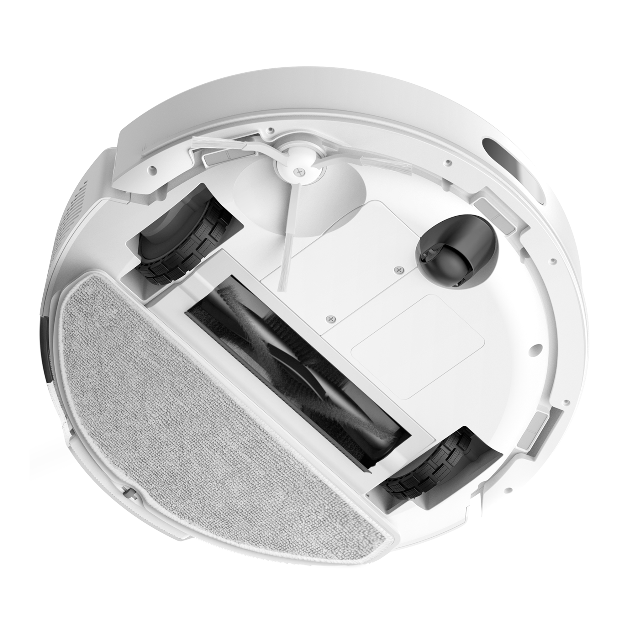 Vista inferior del Tapo RV30 Max Plus White mostrando cepillos laterales, ruedas y sensores de proximidad 03