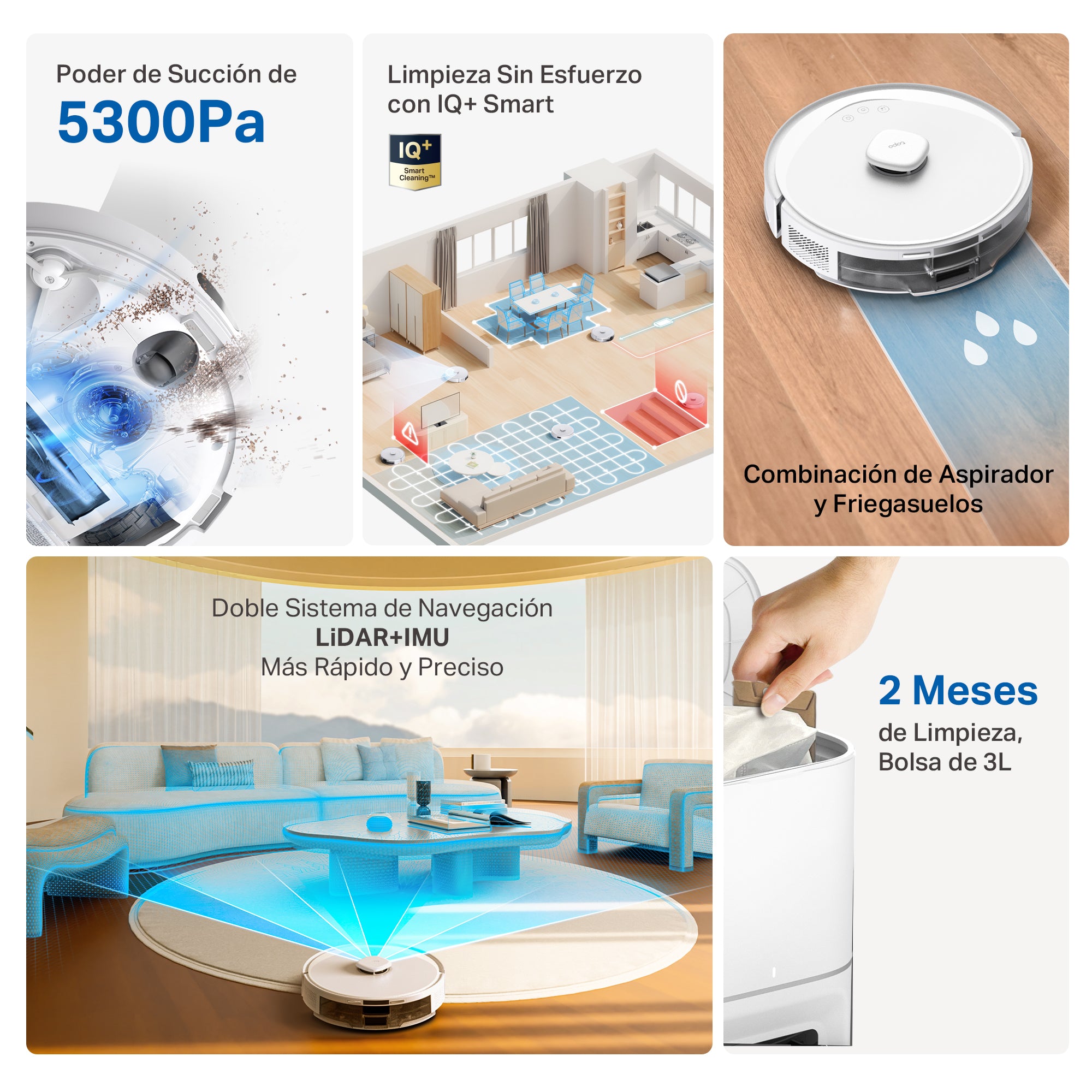 Resumen visual de características del robot aspirador Tapo RV30 Max Plus succión 5300Pa, autovaciado, mopa inteligente, navegación LiDAR, control por app 0 