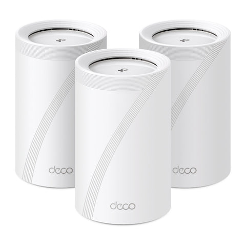 Deco BE65: sistema Wi-Fi 7 Mesh de TP-Link, pack de 3 unidades en color blanco con diseño cilíndrico elegante