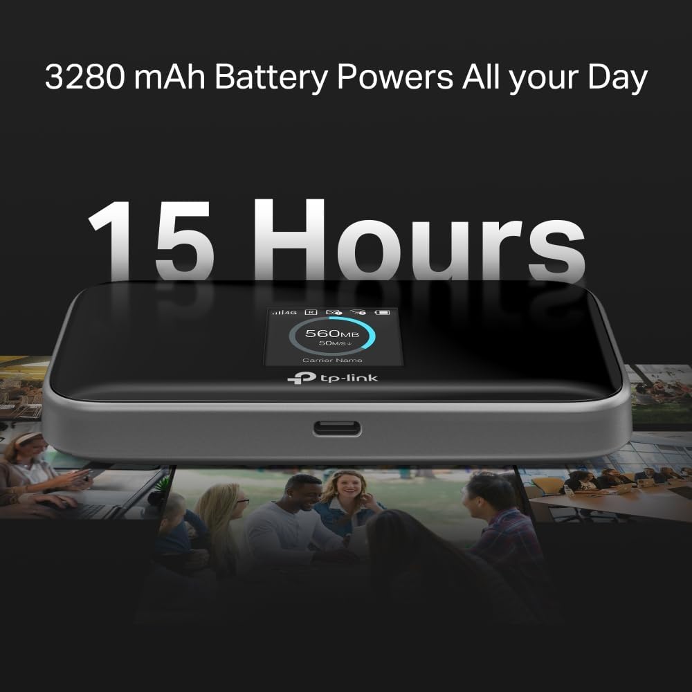 M7750: vista frontal con pantalla TFT a color mostrando estado de conexión 4G, consumo de datos y velocidad en tiempo real