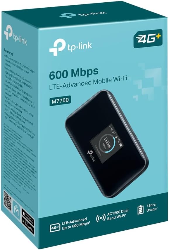 M7750: vista frontal detallada de la pantalla TFT mostrando datos de consumo, velocidad de descarga y nombre del operador en tiempo real