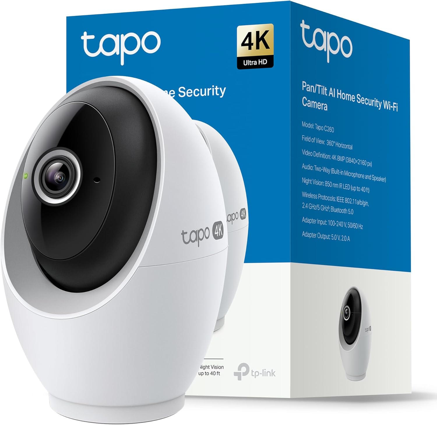 Tapo C260 cámara WiFi 4K para interior junto a su caja con especificaciones técnicas