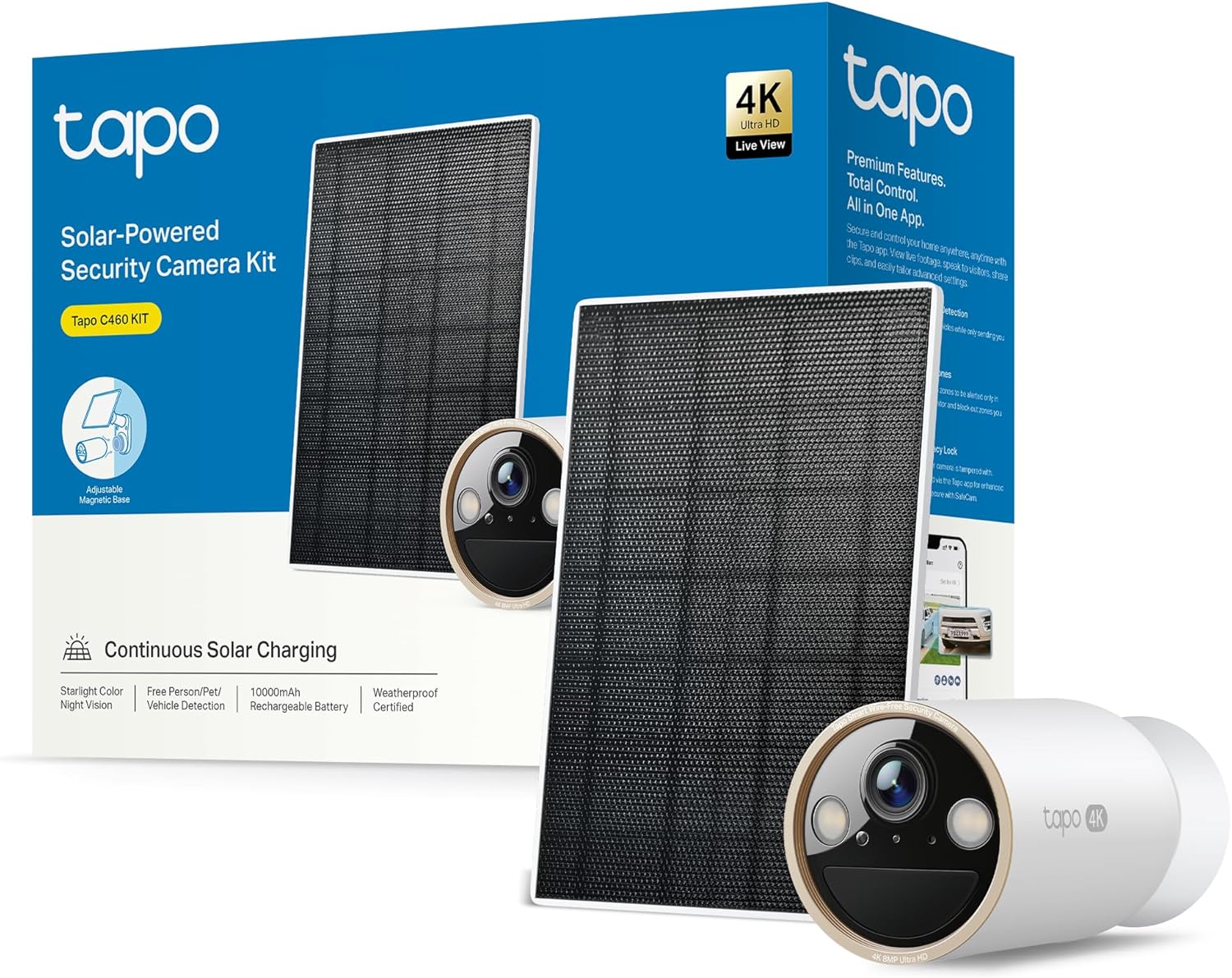Tapo C460 Kit cámara solar 4K con batería junto a su caja de producto