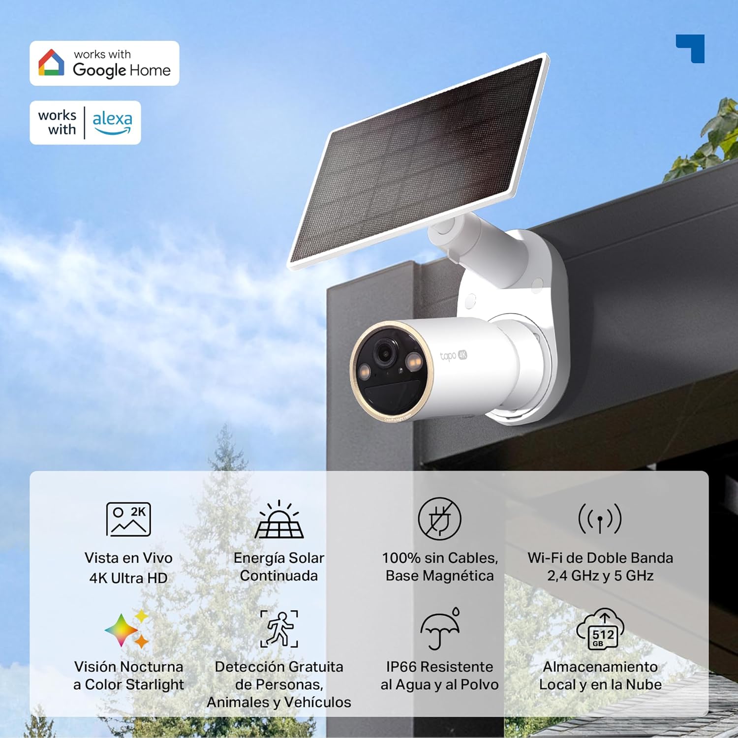 Tapo C460 Kit: 4K Ultra HD, energía solar, sin cables, WiFi doble banda, visión nocturna, detección IA, IP66, almacenamiento local y nube