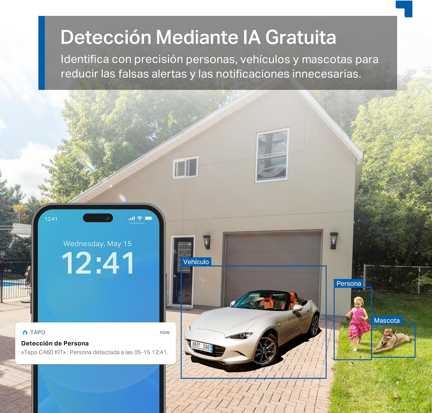 Detección mediante IA gratuita de la Tapo C460 Kit: identifica personas, vehículos y mascotas