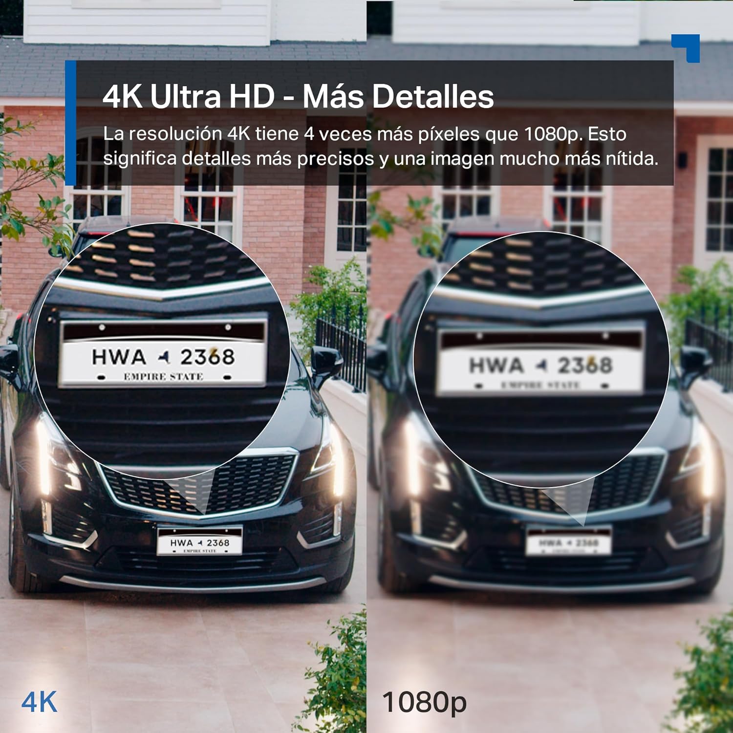 Comparativa 4K Ultra HD frente a 1080p de la Tapo C460 Kit con detalle nítido de matrícula