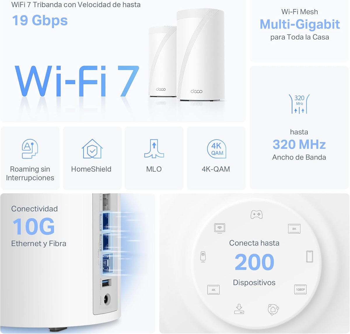 Sistema Wi-Fi 7 Mesh BE19000 de Triple Banda hasta 19 Gbps con Puertos 10G | Deco BE85 (2-Pack)