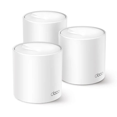 Conjunto de 3 unidades del router Wi-Fi 6 Mesh TP-Link Deco X1500 sobre fondo blanco.