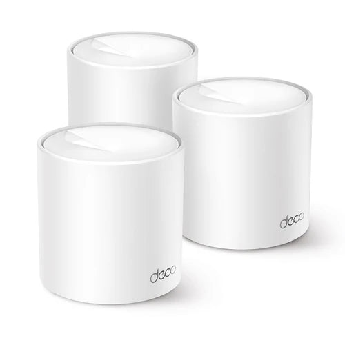 Conjunto de 3 unidades del router Wi-Fi 6 Mesh TP-Link Deco X1500 sobre fondo blanco.