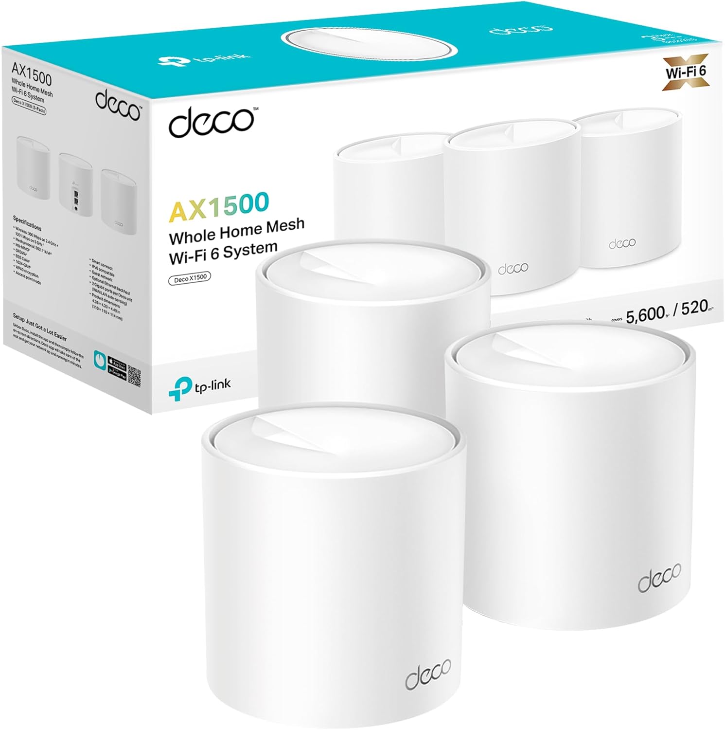 Caja y pack de 3 unidades del sistema WiFi 6 Mesh TP-Link Deco X1500