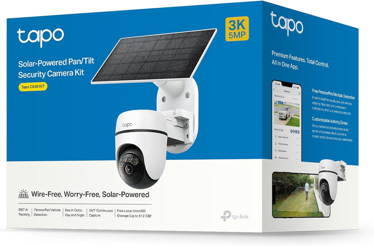 Cámara Exterior Solar 3K 5MP Wi-Fi 360° con Seguimiento IA | Tapo C630 KIT