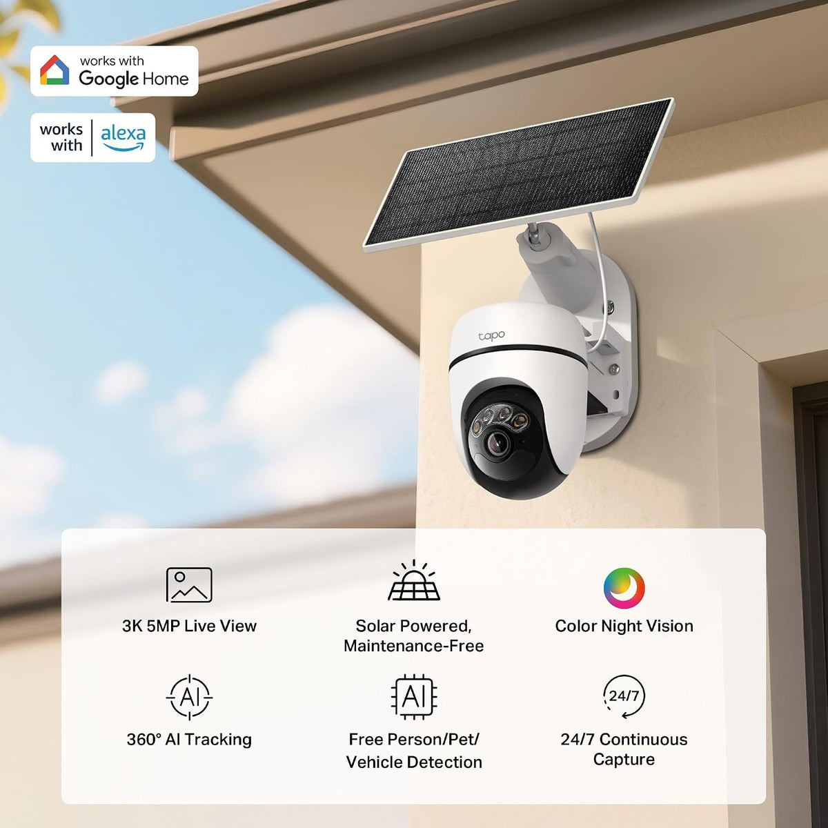Cámara Exterior Solar 3K 5MP Wi-Fi 360° con Seguimiento IA | Tapo C630 KIT