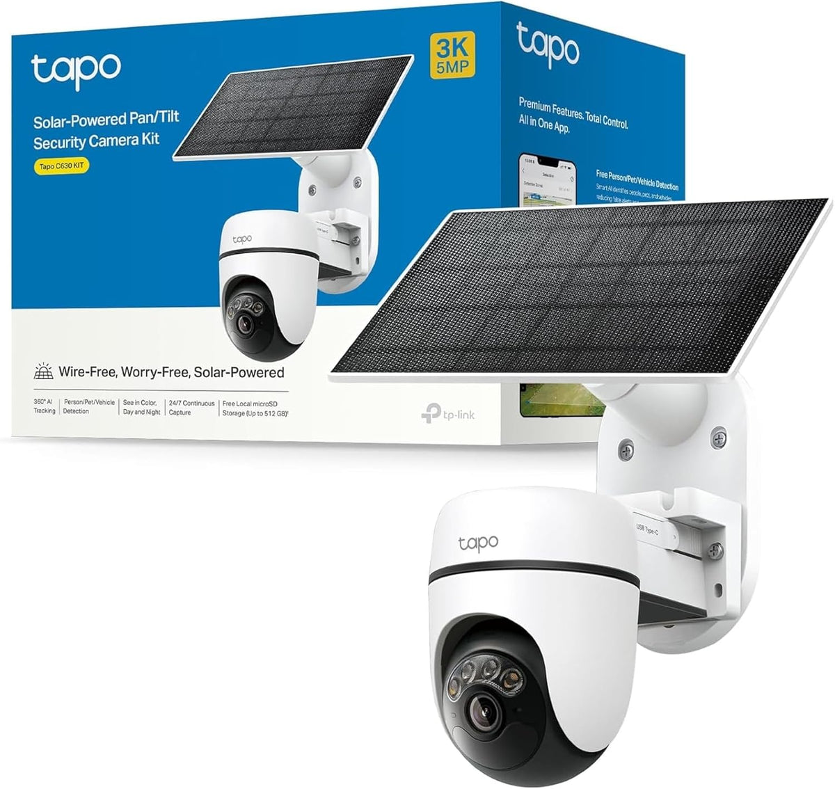 Cámara Exterior Solar 3K 5MP Wi-Fi 360° con Seguimiento IA | Tapo C630 KIT
