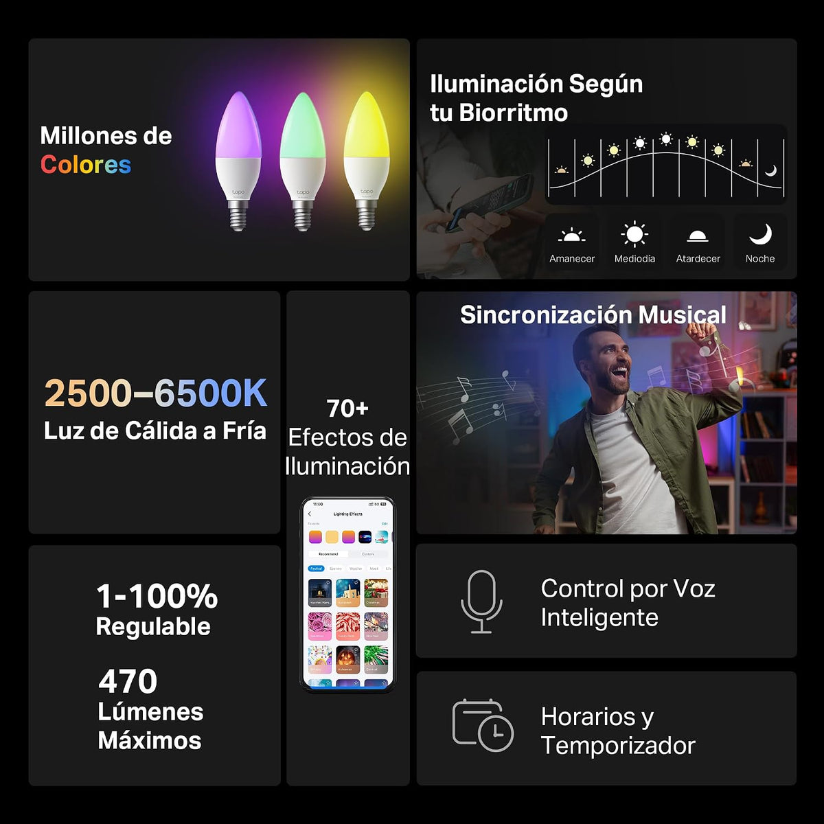 Bombilla Inteligente Wi-Fi E27 Multicolor con Monitorización de Energía, Pack de 4 | Tapo L430C (4-Pack)